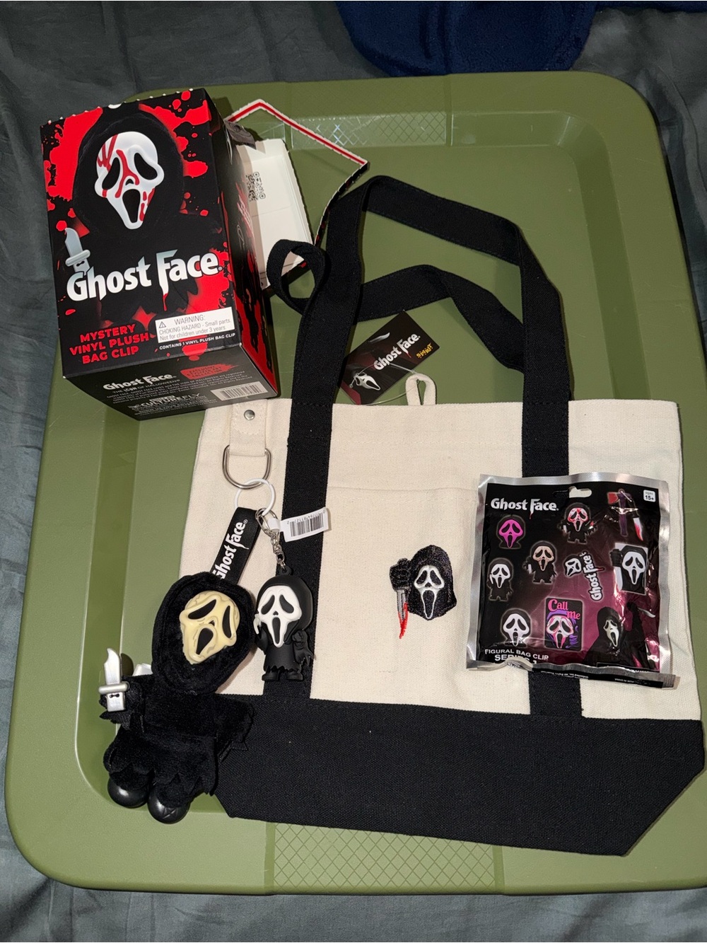 Ghost Face Tote bag Bundle with Blind Box Key Chain and a Bag Clip